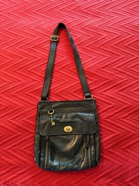 Fossil Black Leather Crossbody with Gold-Tone Hardware